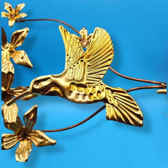 Vintage Mid Century Brass Hummingbird Wall Art Copper Floral Metal Sculpture - Picture 4 of 12